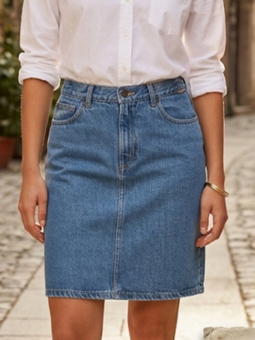 Esprit Medium Wash Blue Mini Denim Skirt A-Line Casual Chic Womens Size vintage
